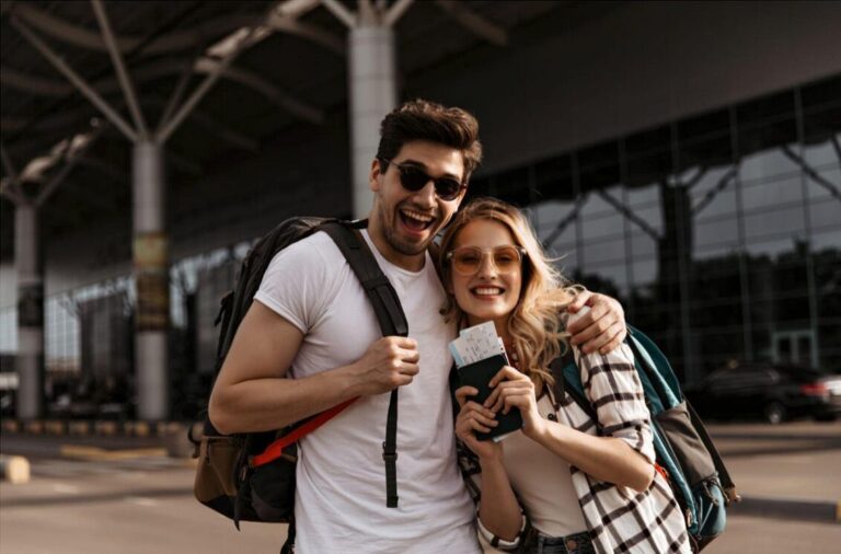 Happy couple on a surprise vacation