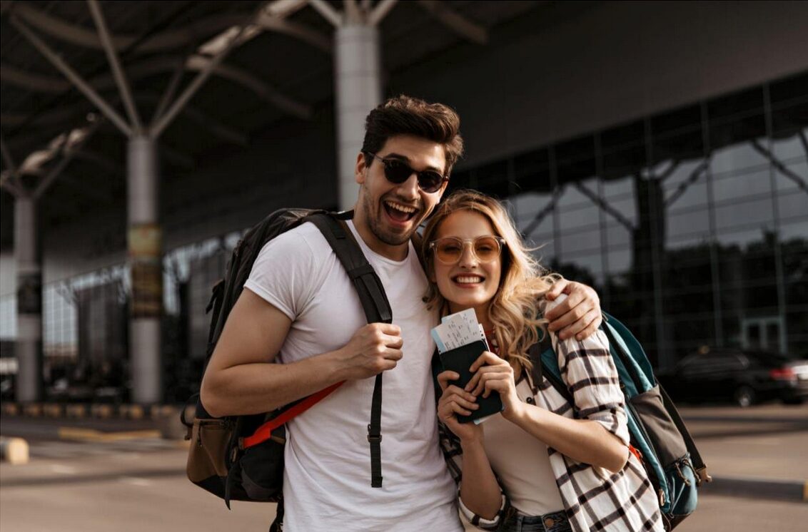 Happy couple on a surprise vacation