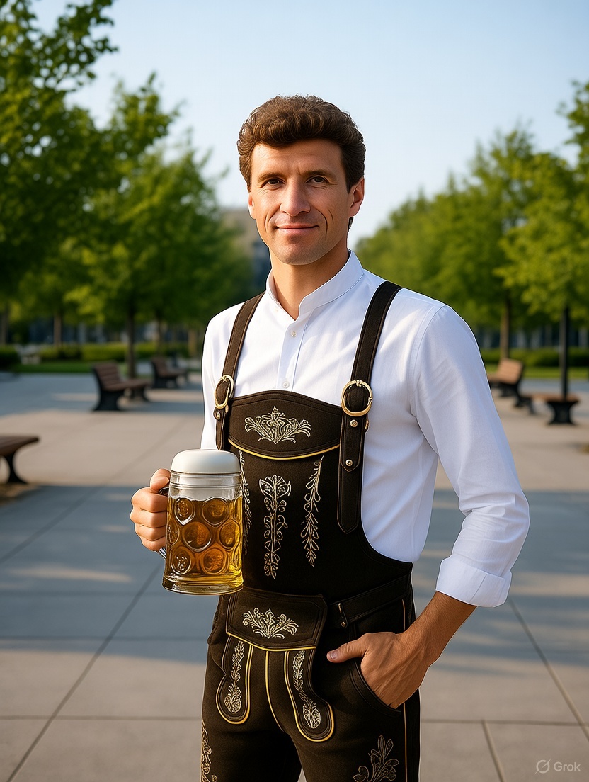 Man wearing Lederhosen, drinking beer