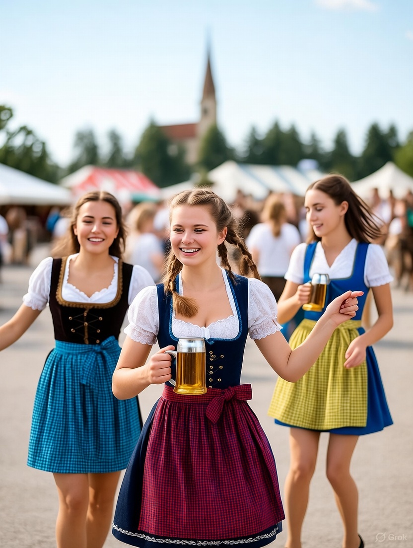Three girls wearing dirndl and drinking beer
