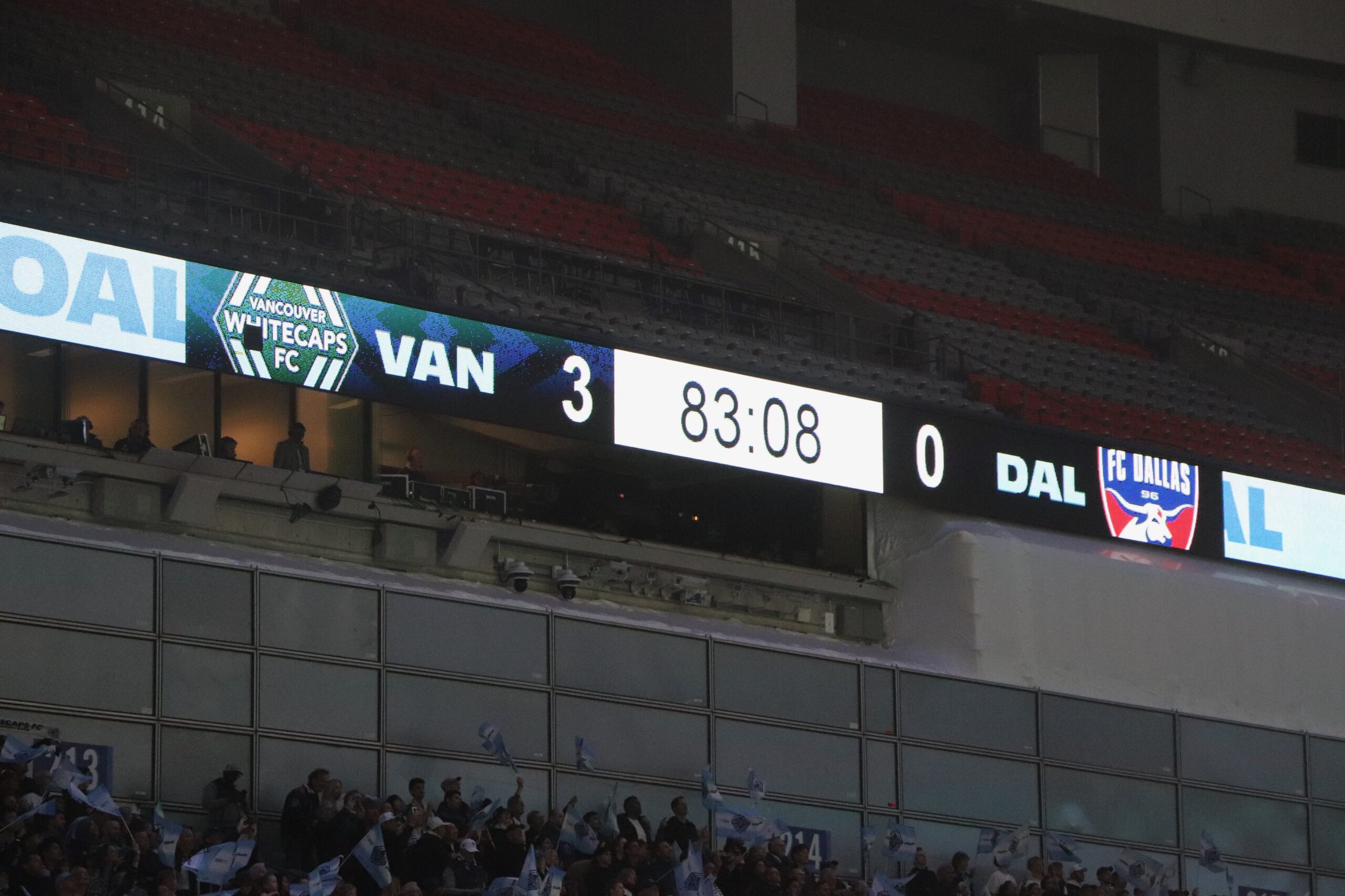 The score was Whitecaps 3 against Dallas 0 at minute 83.08