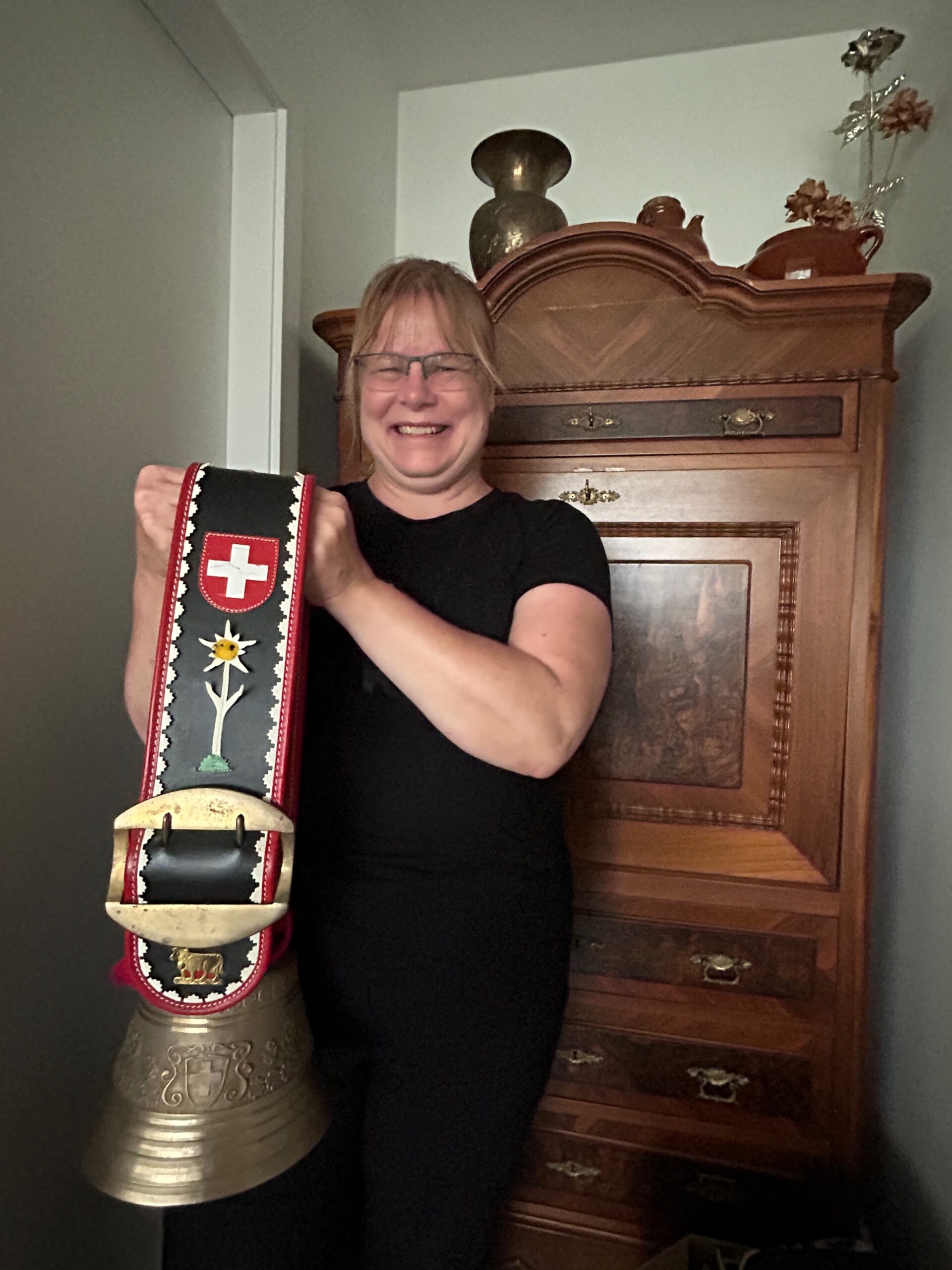 Ringing Urs Fricker's Swiss cow bell.