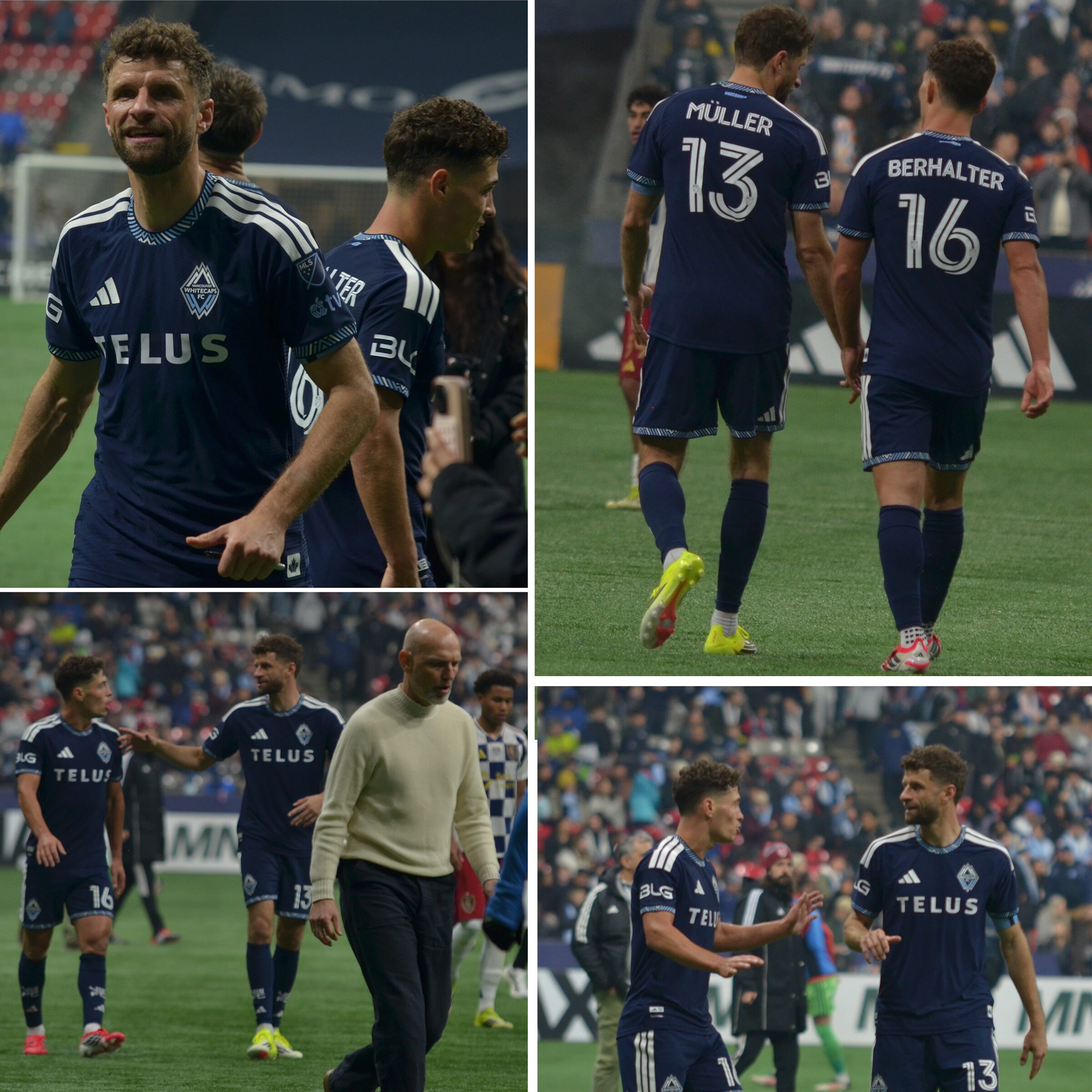4 images of Berhalter and Müller connecting on the pitch