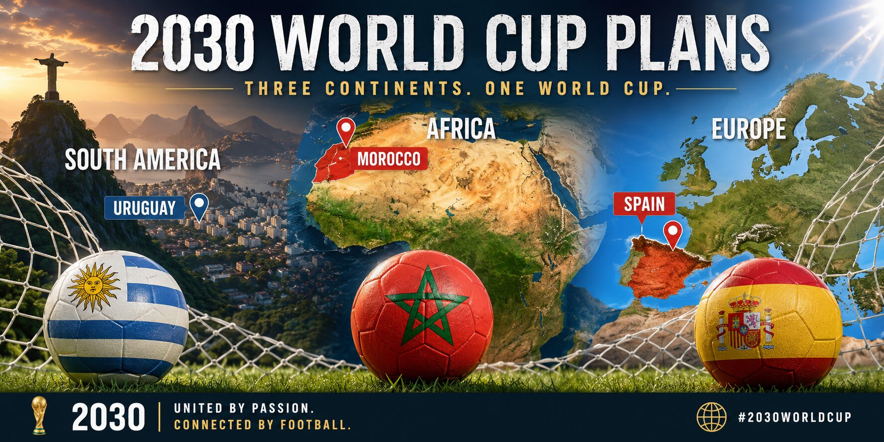 Showing three continents, highlighting three countries