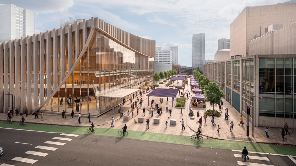 Beautiful rendering of a plaza next to an art gallery in downtown Vancouver.